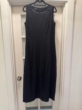 Lafayette 148 Black Linen Sleeveless Midi Dress Leather Trim Sz 12